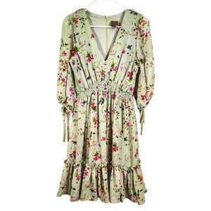 Taylor Women’s 8 Floral Midi Dress Sage Green V-Neck Smocked Waist Long Sleeve